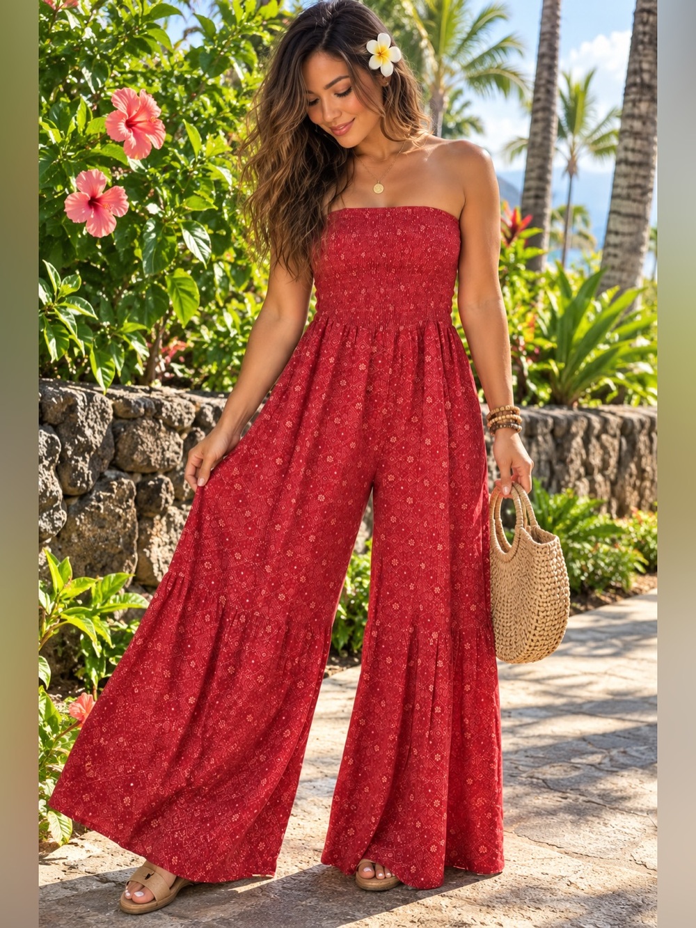 TMING Red Boho Strapless Wide Leg Jumpsuit Size M